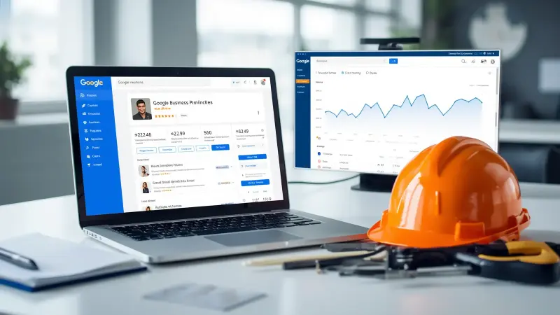Local SEO für Bauunternehmen: Laptop mit Google-Ergebnissen und Bauhelm