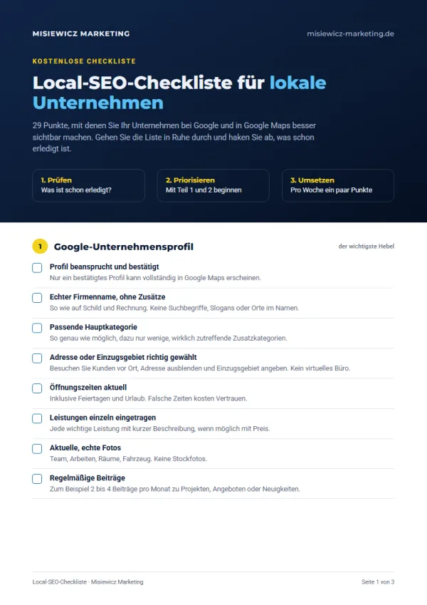 Vorschau der ersten Seite der Local-SEO-Checkliste von Misiewicz Marketing