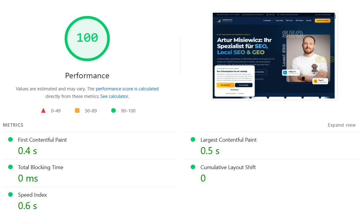 Google PageSpeed Insights, Desktop: 100 von 100 Punkten, Largest Contentful Paint 0,5 Sekunden