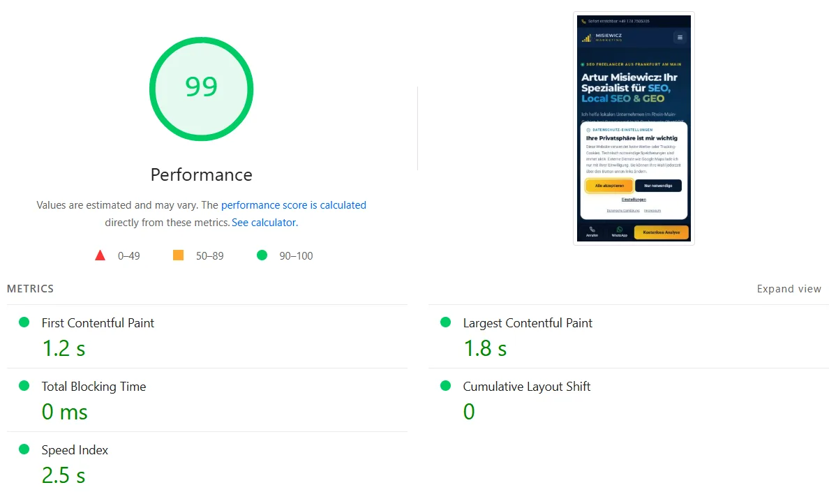 Google PageSpeed Insights, Smartphone: 99 von 100 Punkten, Largest Contentful Paint 1,8 Sekunden
