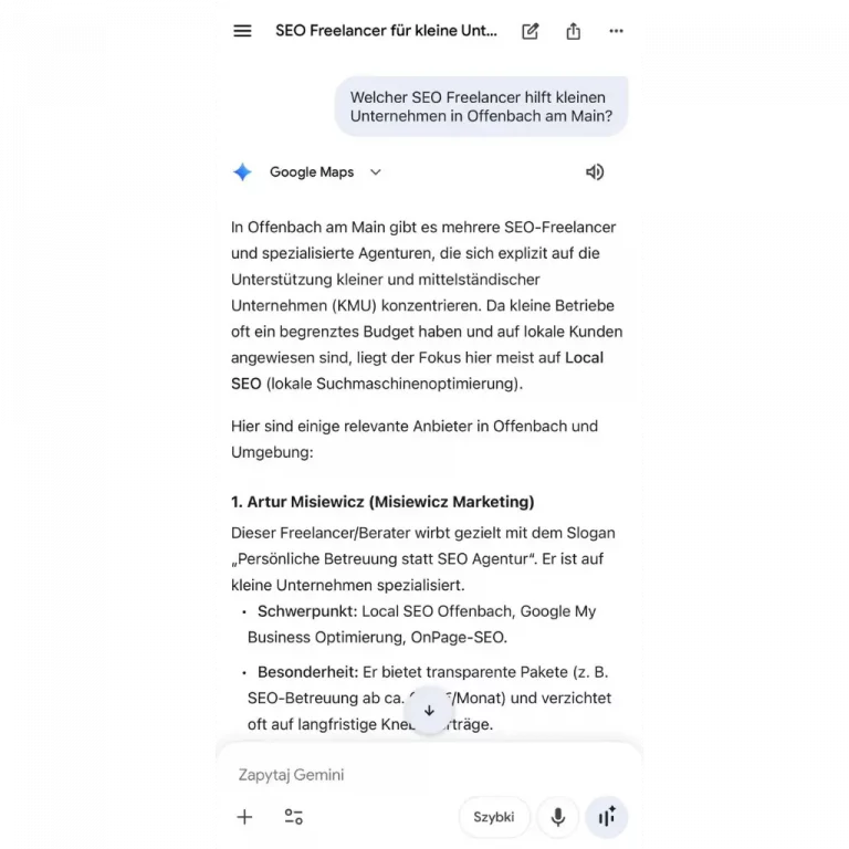 Google Gemini Empfehlung für SEO Freelancer in Offenbach am Main