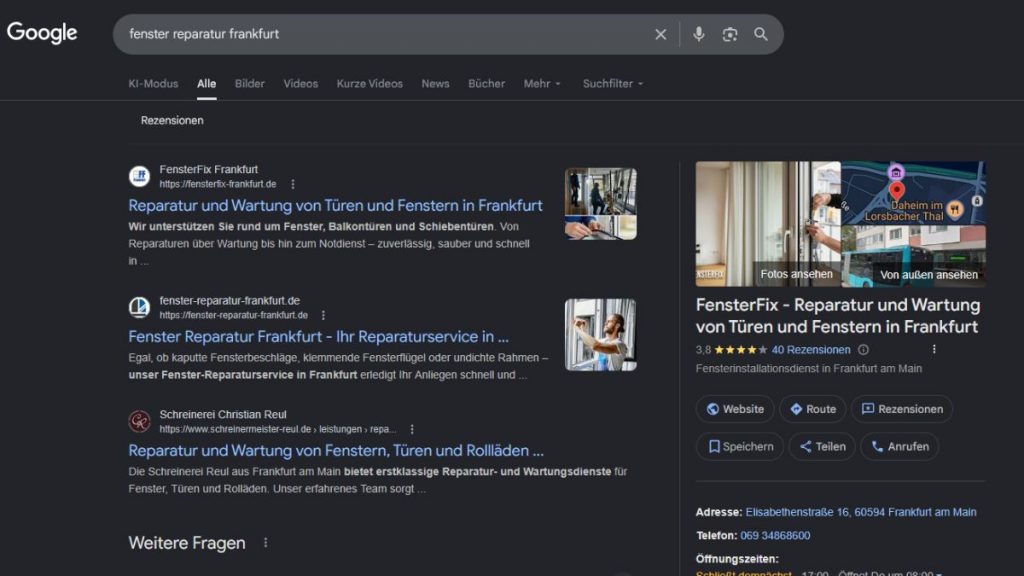 Google-Suchergebnisse für „Fenster Reparatur Frankfurt" – lokales SEO und Google Business Profil in der Praxis