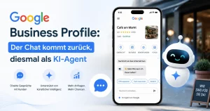 Google Business Profile mit neuem KI-Chat-Agenten auf dem Smartphone, Titelbild zum Thema Messaging fuer lokale Betriebe