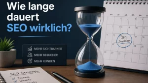 Sanduhr neben Kalender zeigt, wie lange SEO bis zu ersten Rankings, mehr Sichtbarkeit und neuen Kunden benötigt.